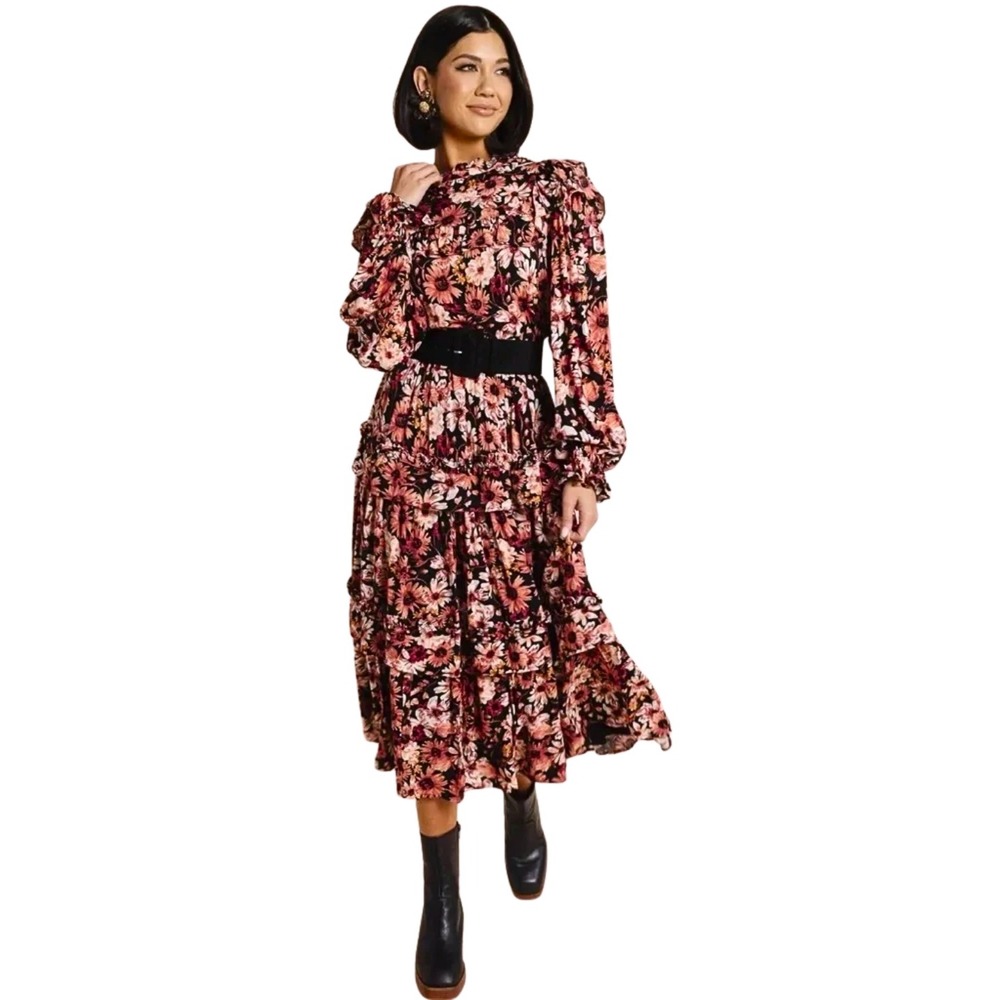Rachel Parcell Dress Womens Size 4 Pink Black Floral Tiered Ruffle Midi Boho